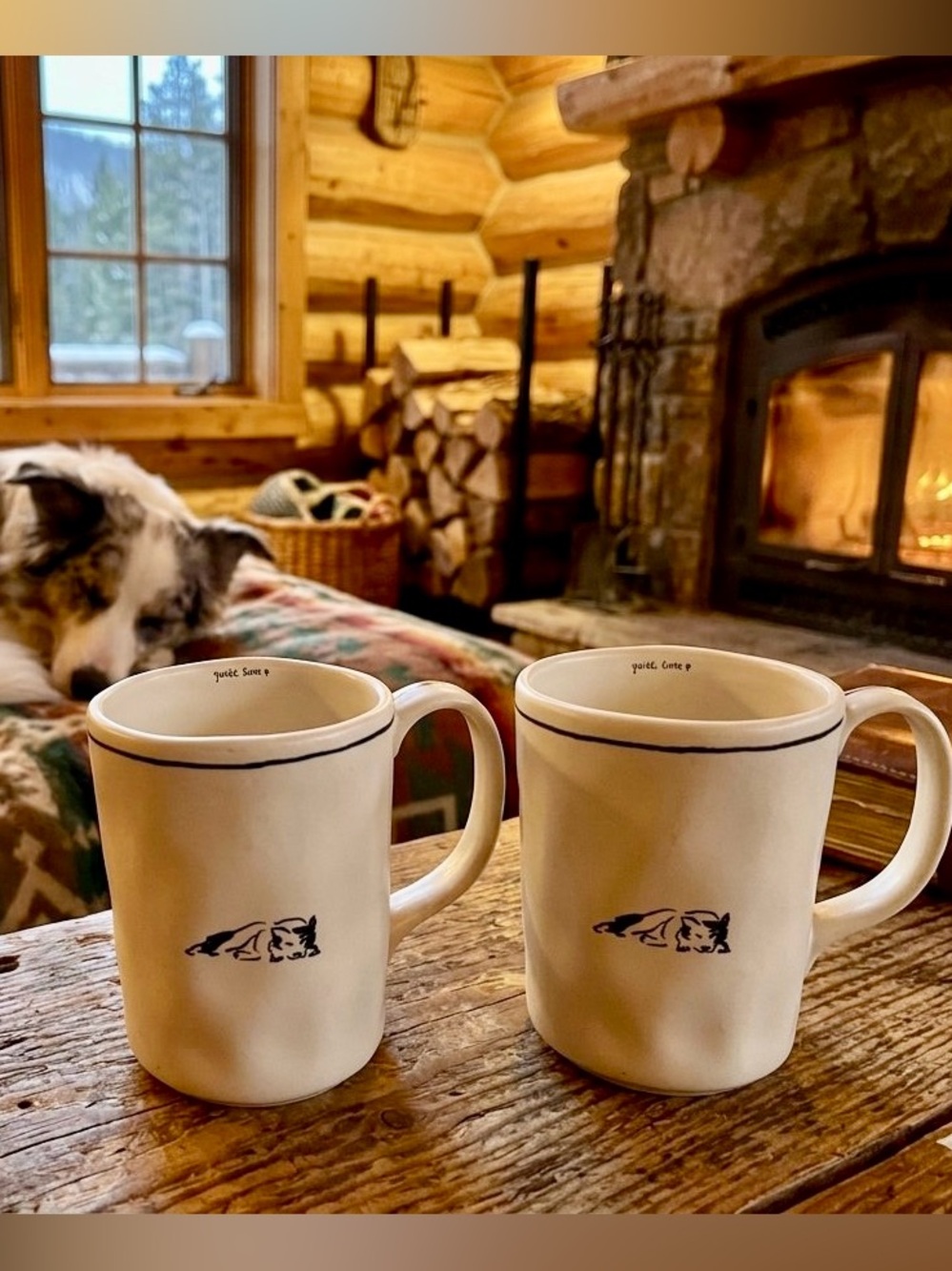 Anthropologie Cream Mugs with Black Dog Sketch Silhouette